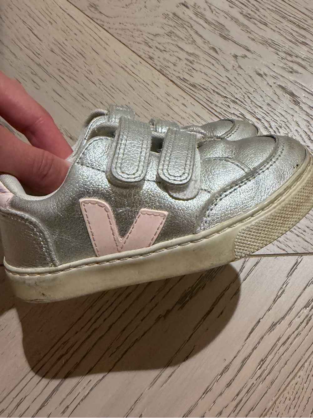 Veja Kids Metallic Silver Velcro Sneakers with Pink Accent